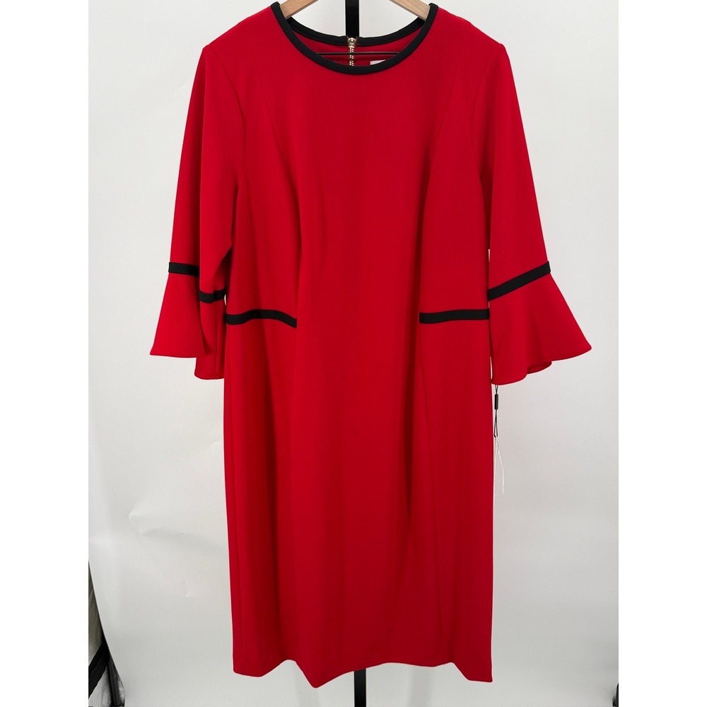 NWT Calvin Klein Red Shift Dress Round Neck Black Contrast Trim Crepe Cocktail
